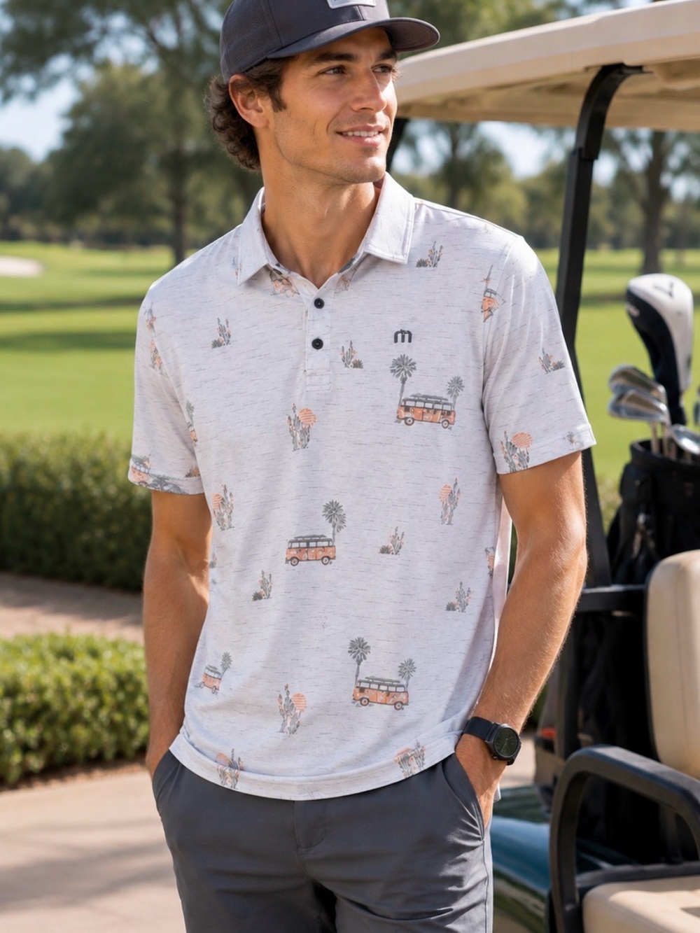 TravisMathew Polo Shirt Men’s Small White Beach Van Print Performance Golf Shirt